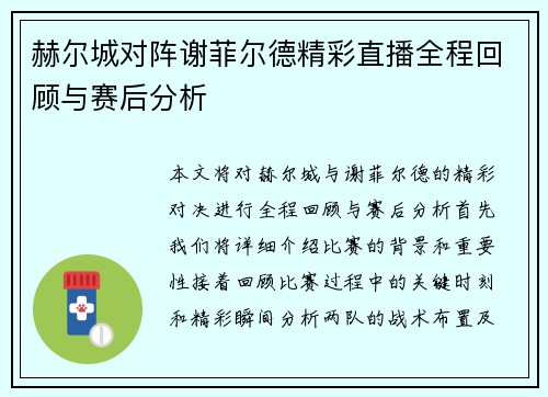 赫尔城对阵谢菲尔德精彩直播全程回顾与赛后分析