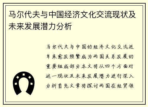 马尔代夫与中国经济文化交流现状及未来发展潜力分析